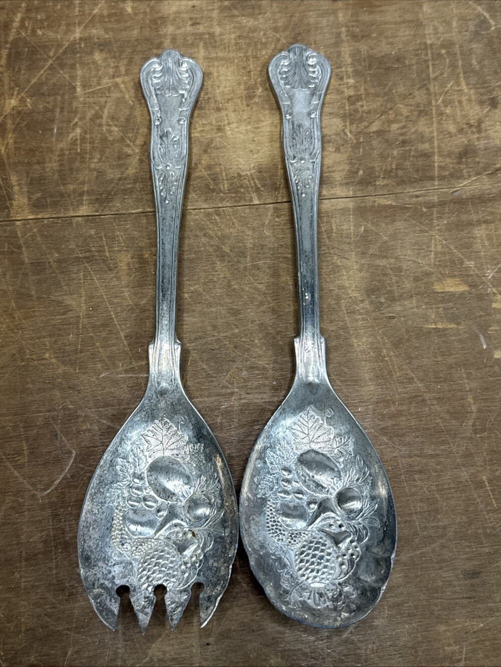 Silver plate Decorative Fork & Spoon Fruit Salad Serving Set Vintage Italy